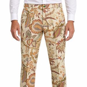 Mens 36 Cream Bird Floral Print Cotton Slim Fit Dress Pants Handmade Trousers